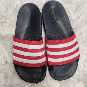 Adidas Black Slides with Red and White Stripes